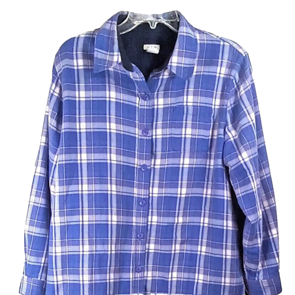 LL Bean Shacket Jacket Women's Petite Large Blue Plaid Fleece Lined Button Front